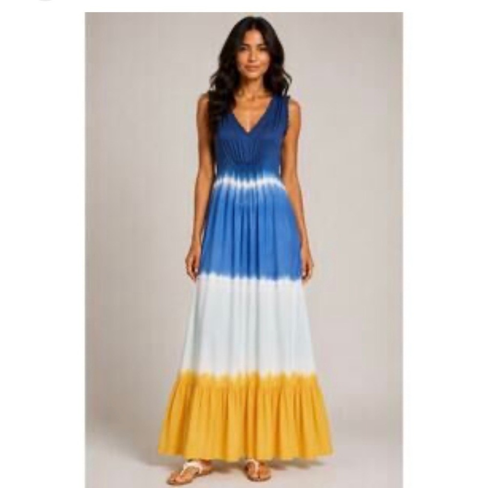 Faherty Sapphira Colorblock Tie Dye Ombre Maxi Dress M Resortwear Beach Boho